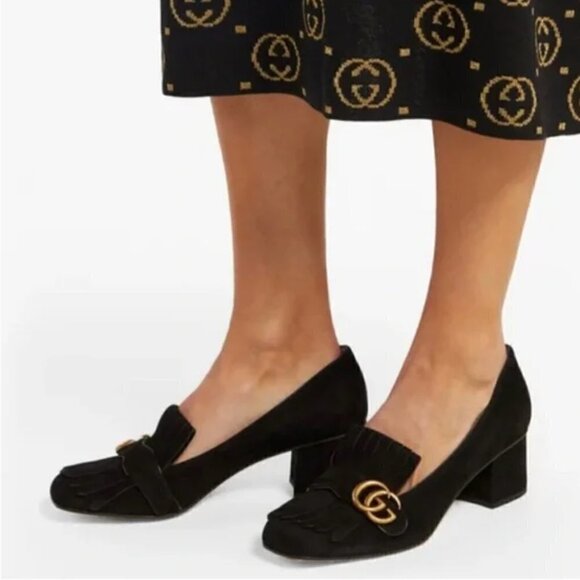 Gucci Marmont Black Fringed Suede Loafers 37.5 - Picture 1 of 10